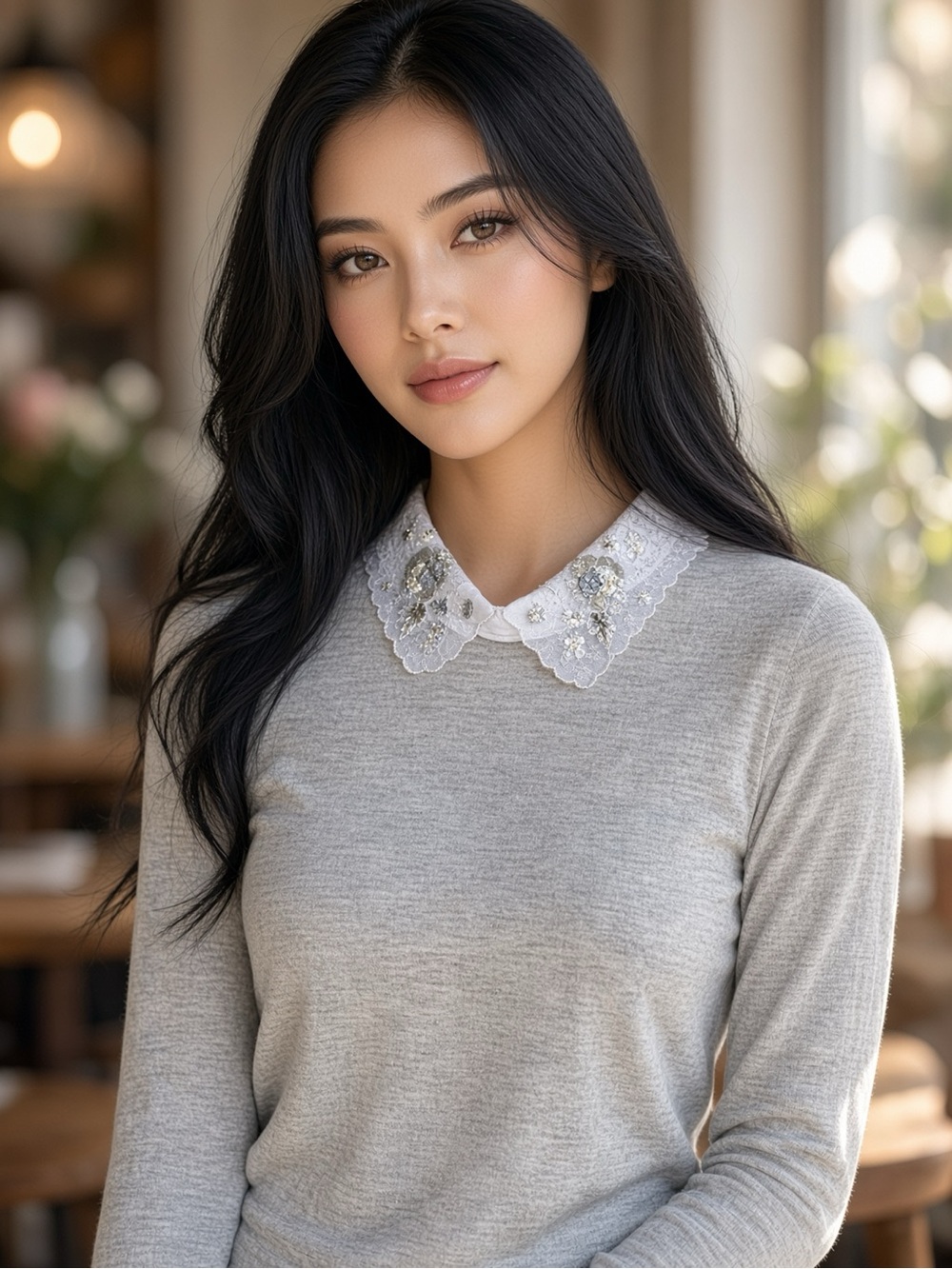 Club Monaco Lace Silver Appliqué Collar 100% Wool Sweater XS